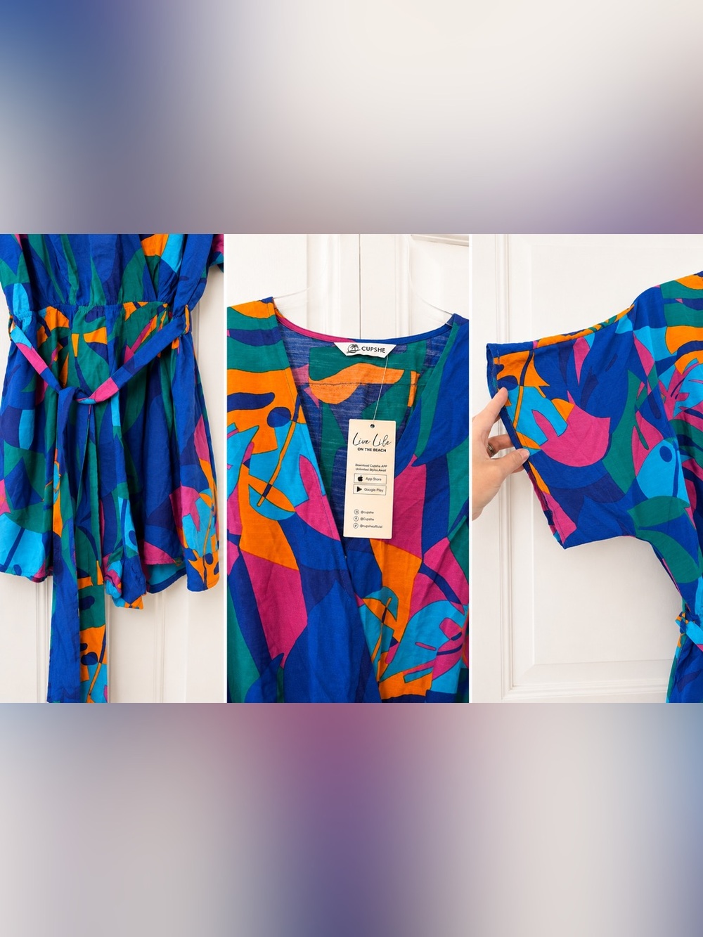 Cupshe Vibrant Abstract Print Kimono Sleeve Romper Blue Multi NWT - Picture 2 of 2